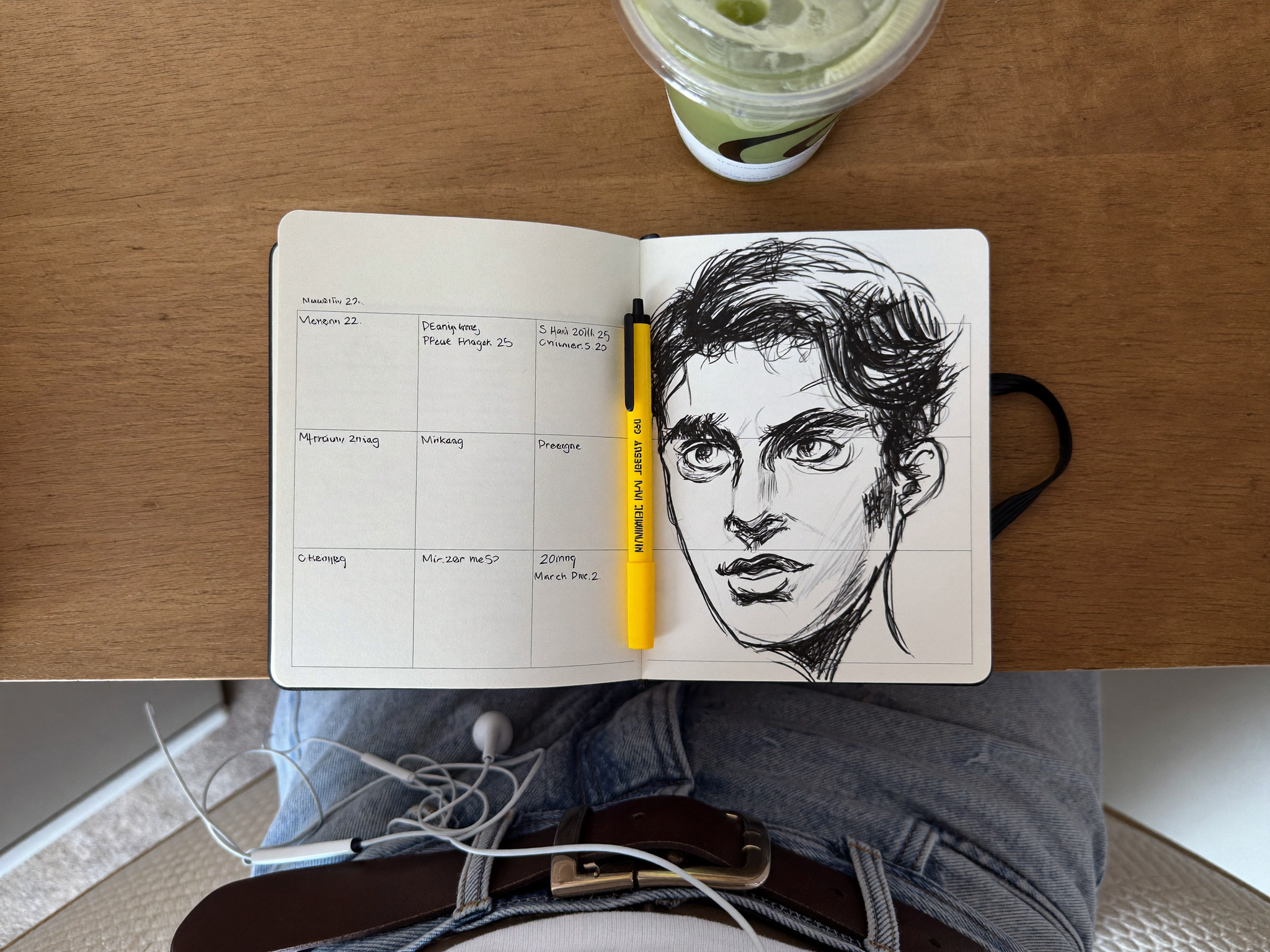 A high-angle shot captures the view of an open notebook placed on a wooden table,...