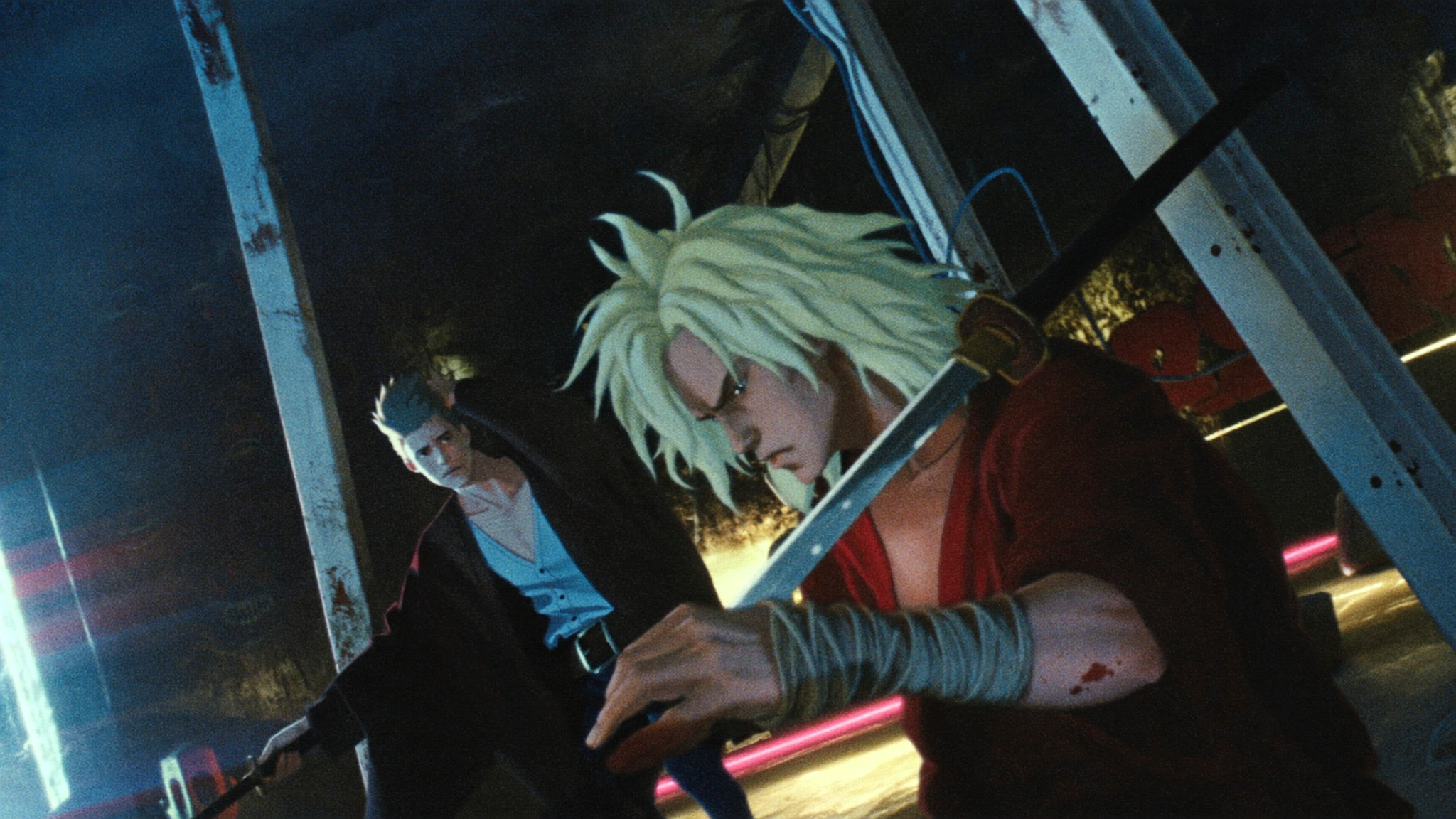 {"Caption": "A tense, rain-slick rooftop ambush: two hardened, 20-year-old men...