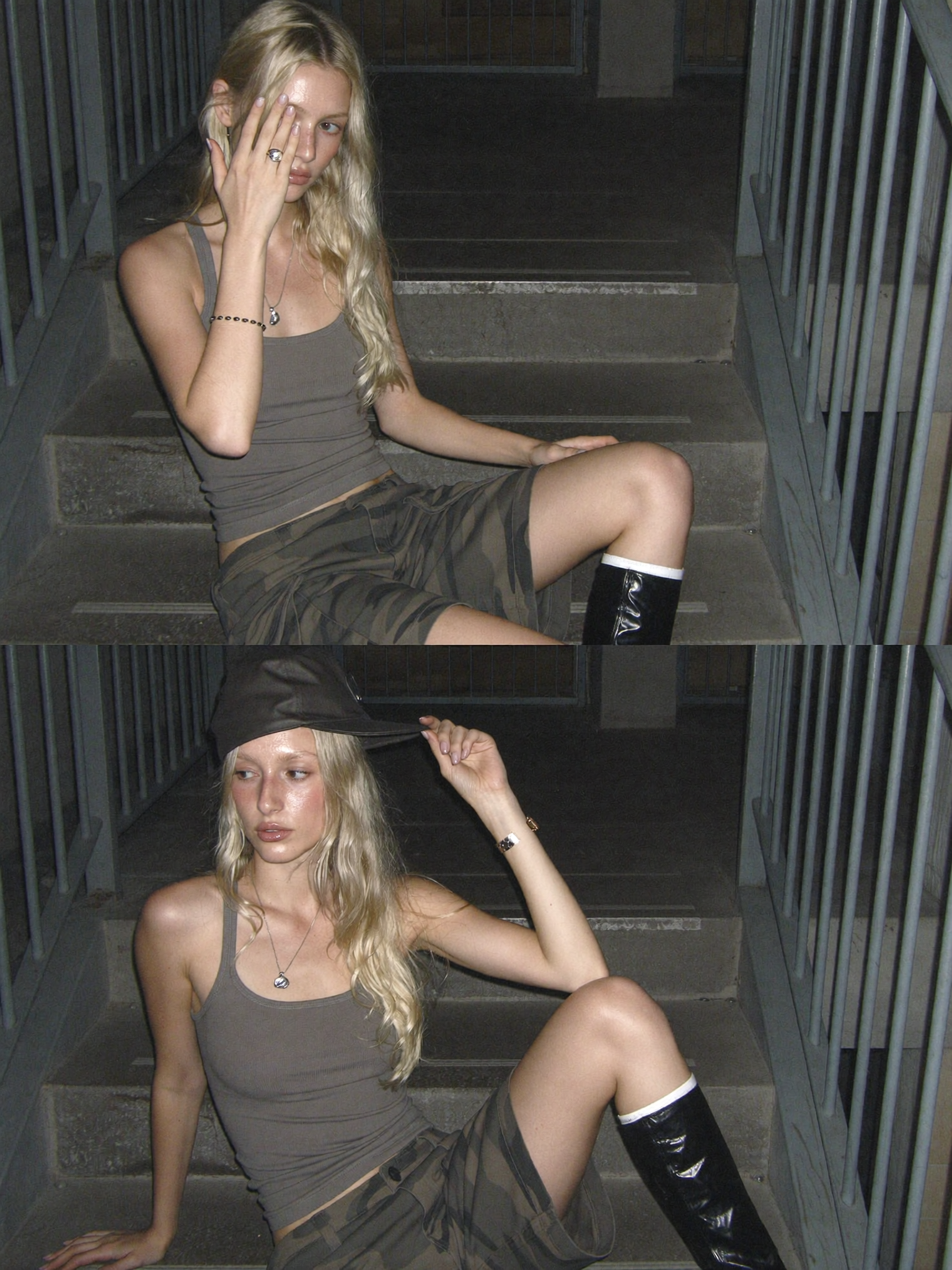 A high-angle, two-frame composite featuring a young woman with long blonde hair and...
