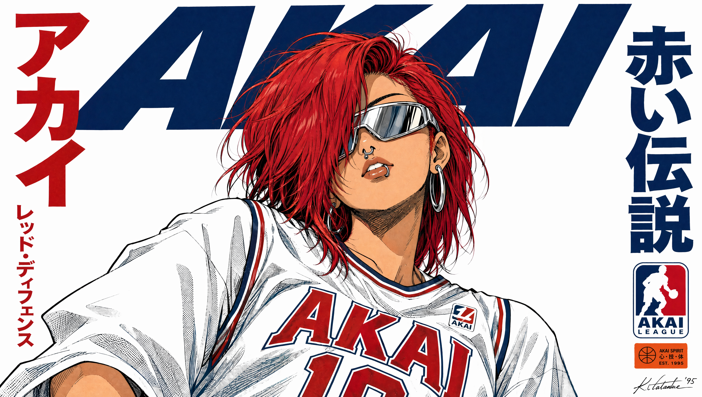 Vertical 90s manga-style poster with a clean pure white paper background and subtle...