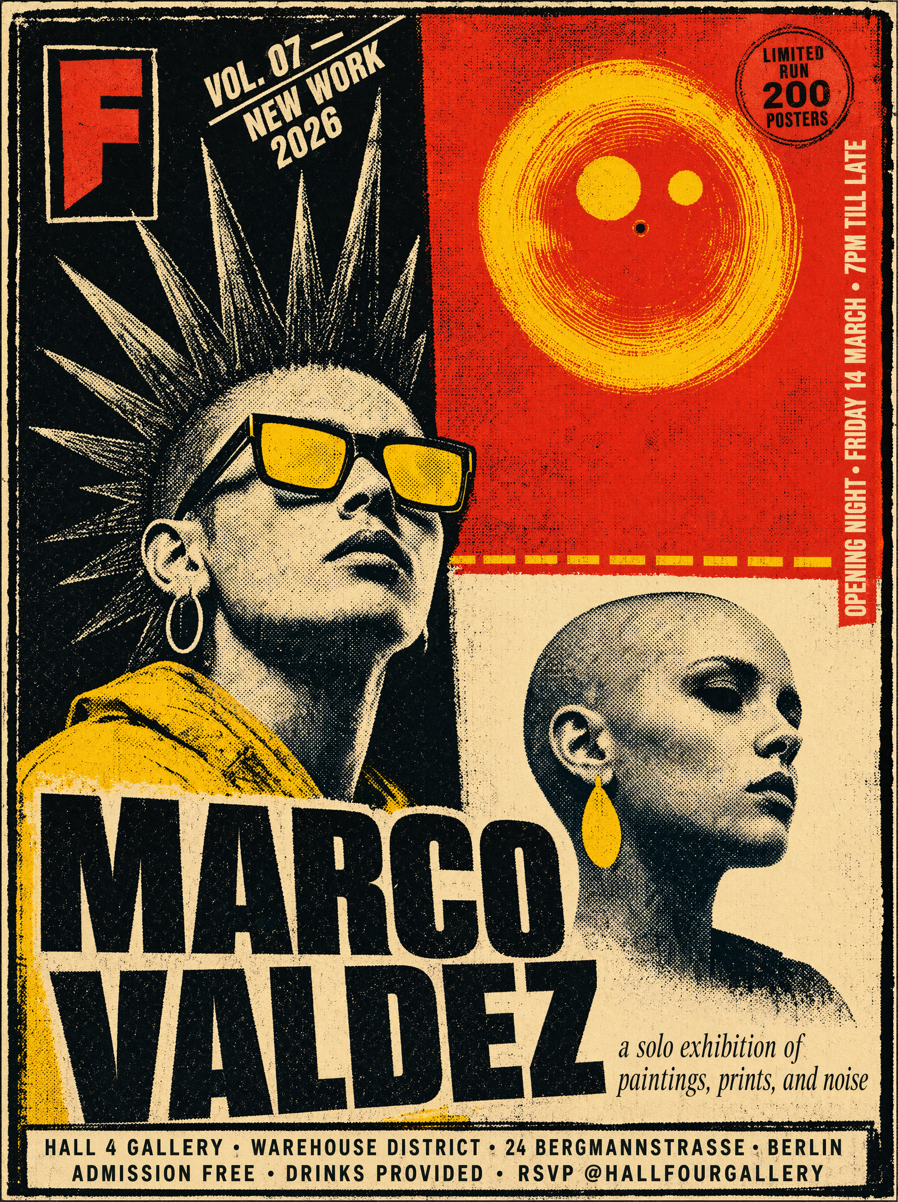 A vertical exhibition invitation poster in the aesthetic of 1970s–80s punk...