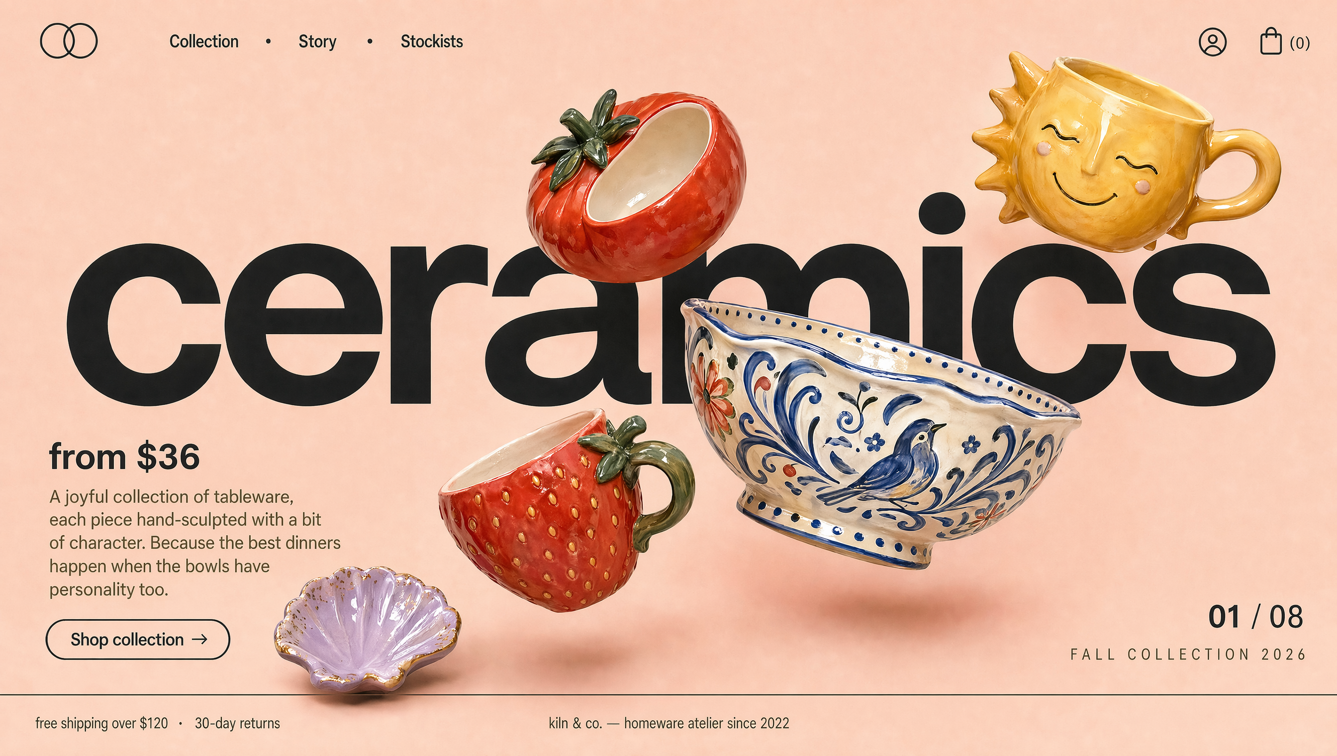Horizontal desktop landing page hero section for a fictional playful homeware store...