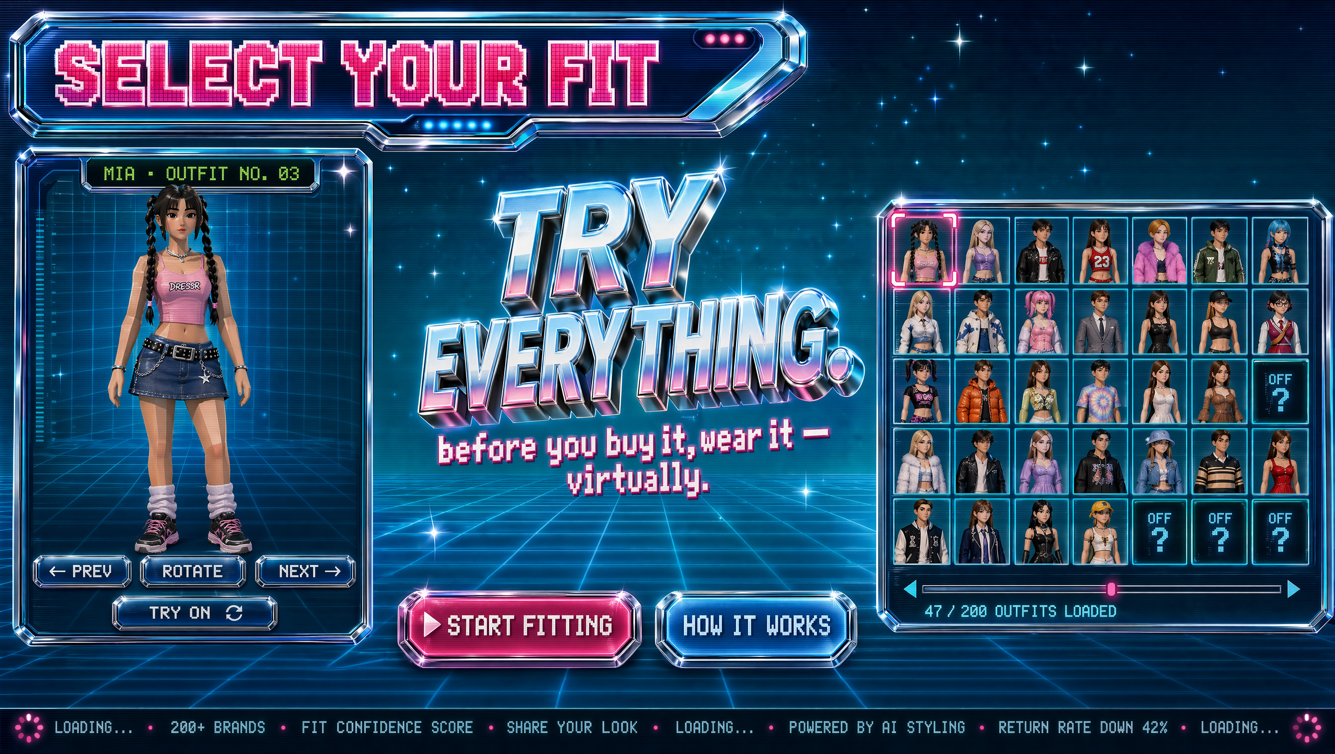Horizontal desktop landing page for a fictional virtual outfit try-on service...