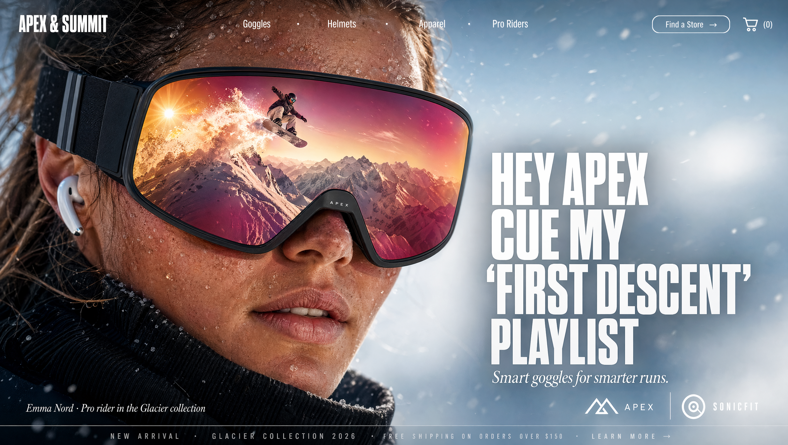 Horizontal desktop landing page hero section for a fictional snowboard eyewear and...