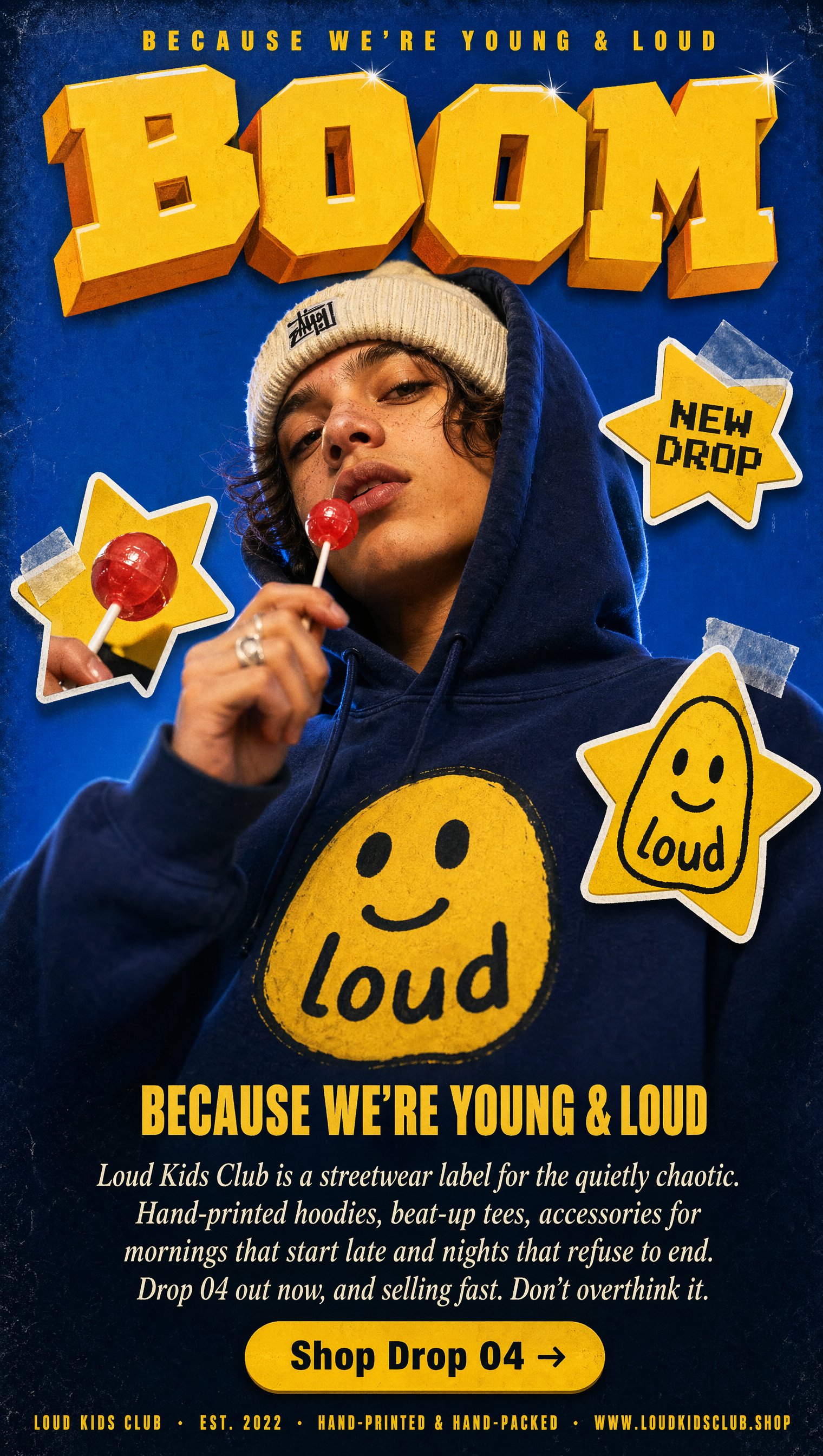 Vertical mobile-first landing page for a fictional streetwear brand called "LOUD...